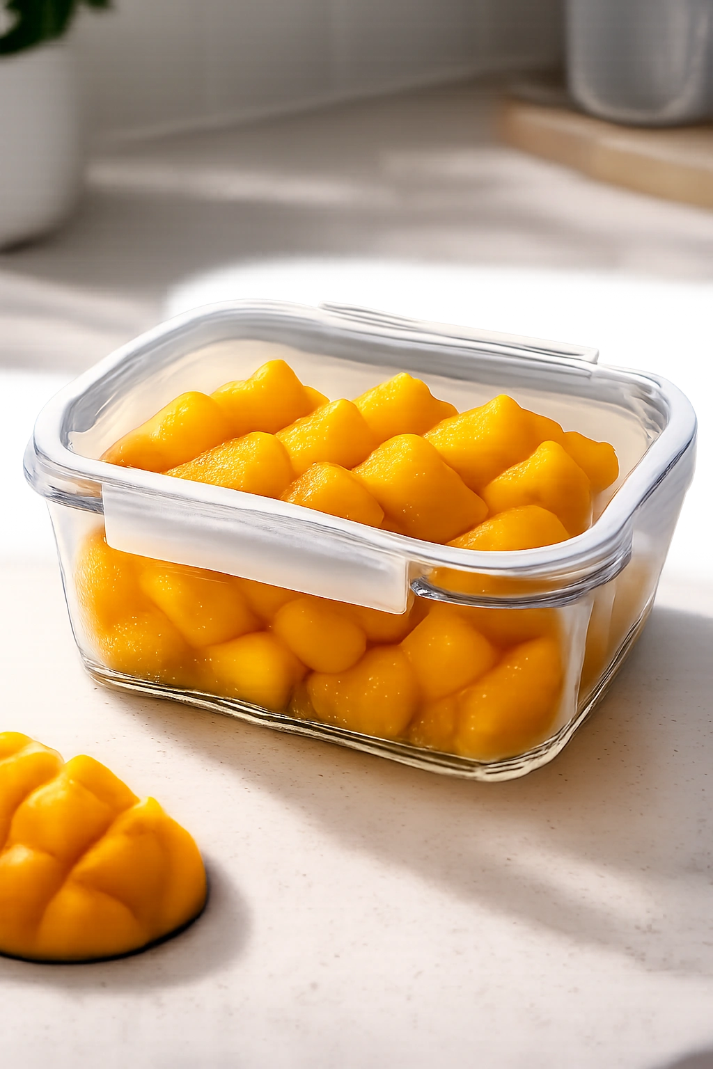 Sealed container of cut mango on counter ready for storage