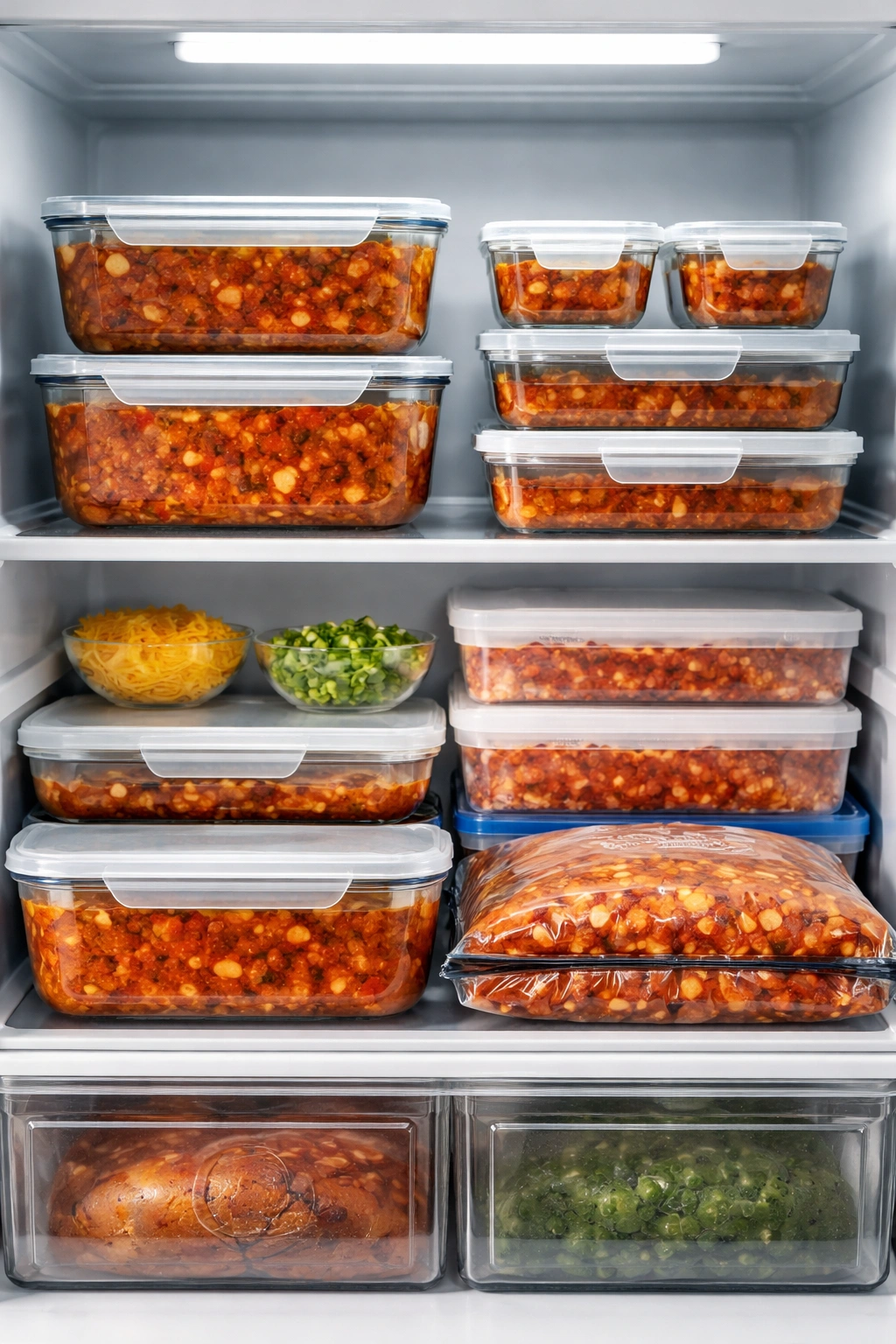 Chili stored in airtight containers neatly arranged on a fridge shelf