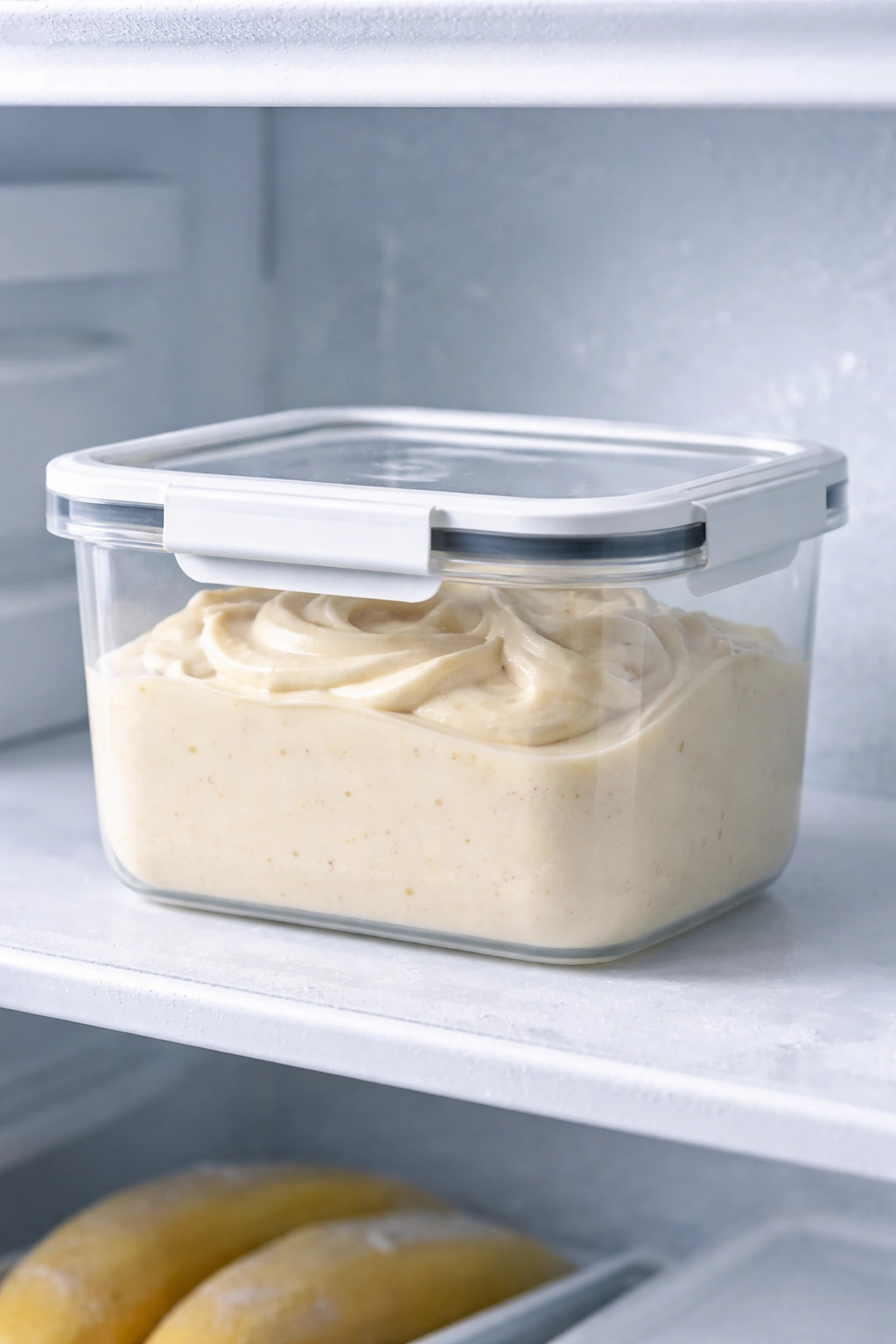 A container of nice cream in a cool, frosted setting suggesting proper storage
