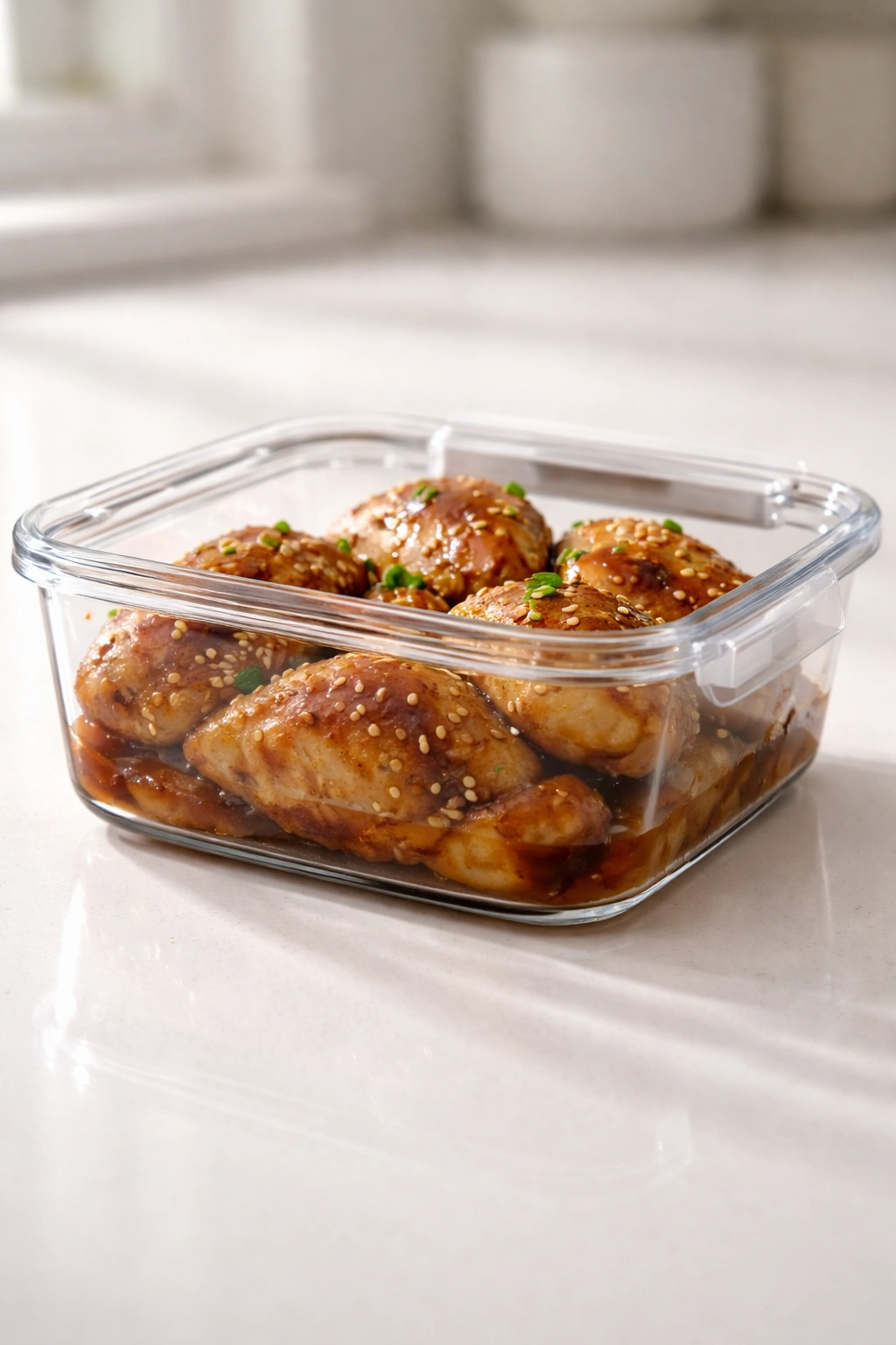 Glass container with saucy cooked chicken thighs for storage