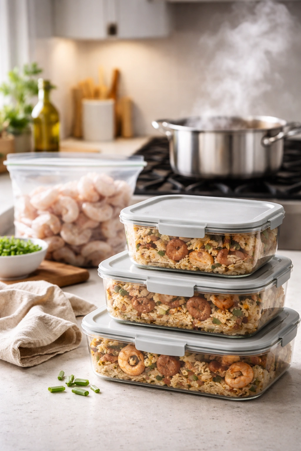 A tidy kitchen with containers and a steaming pot illustrating storing and reheating strategies