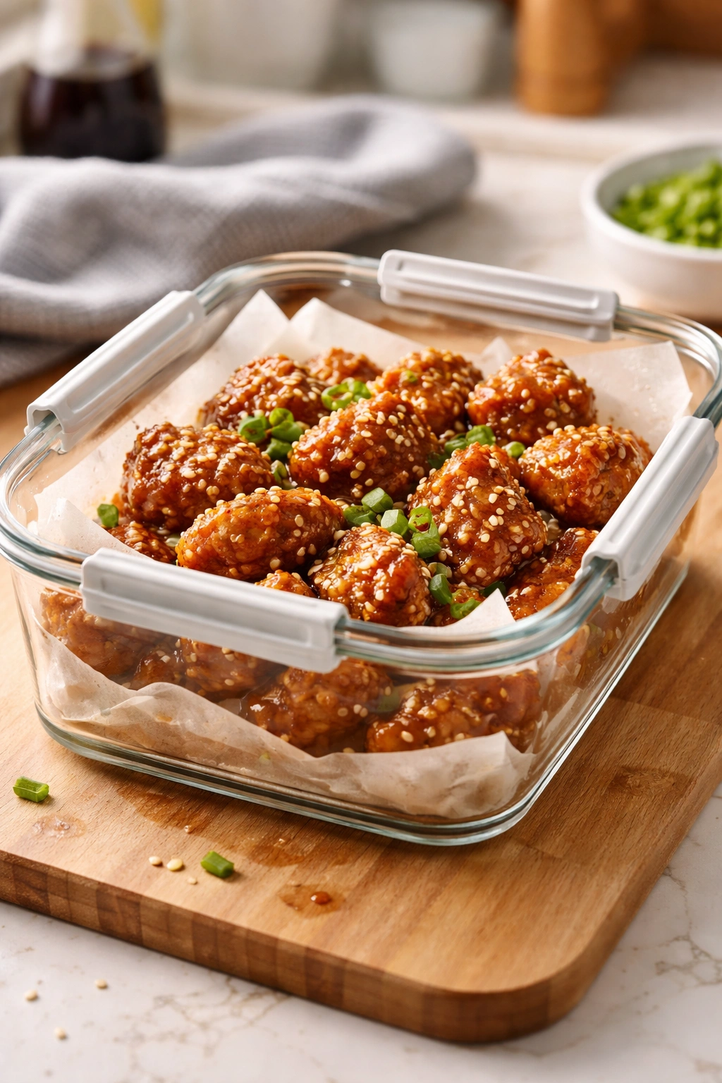 Airtight container with sesame chicken for storage in a kitchen