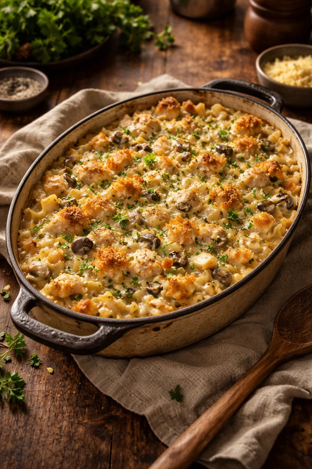 Vintage cast-iron casserole on wooden table with creamy baked chicken