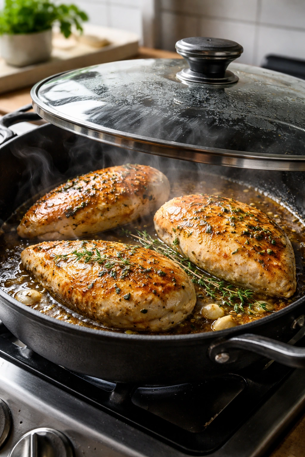 Stovetop skillet with juicy chicken under a lid steaming in bright kitchen