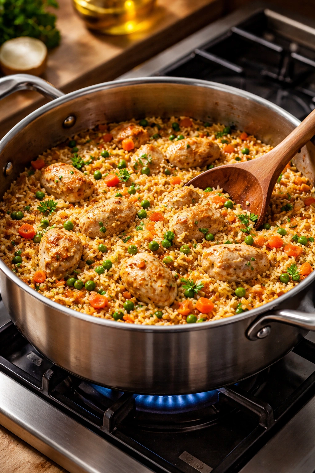 Pot with chicken and rice simmering on stovetop