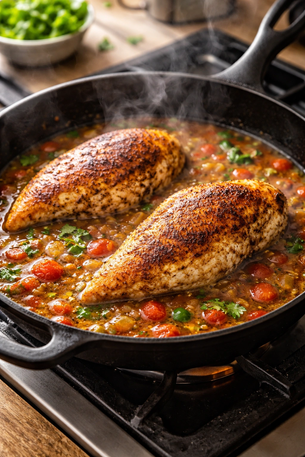 Chicken searing in skillet with simmering sauce