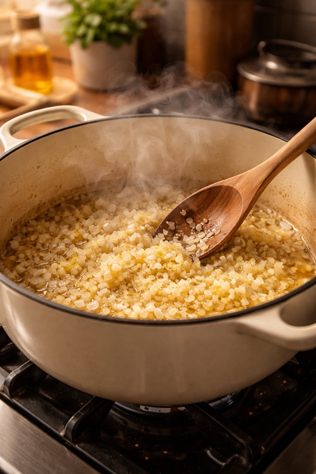 Dutch oven with onions and garlic sautéing in oil on stove