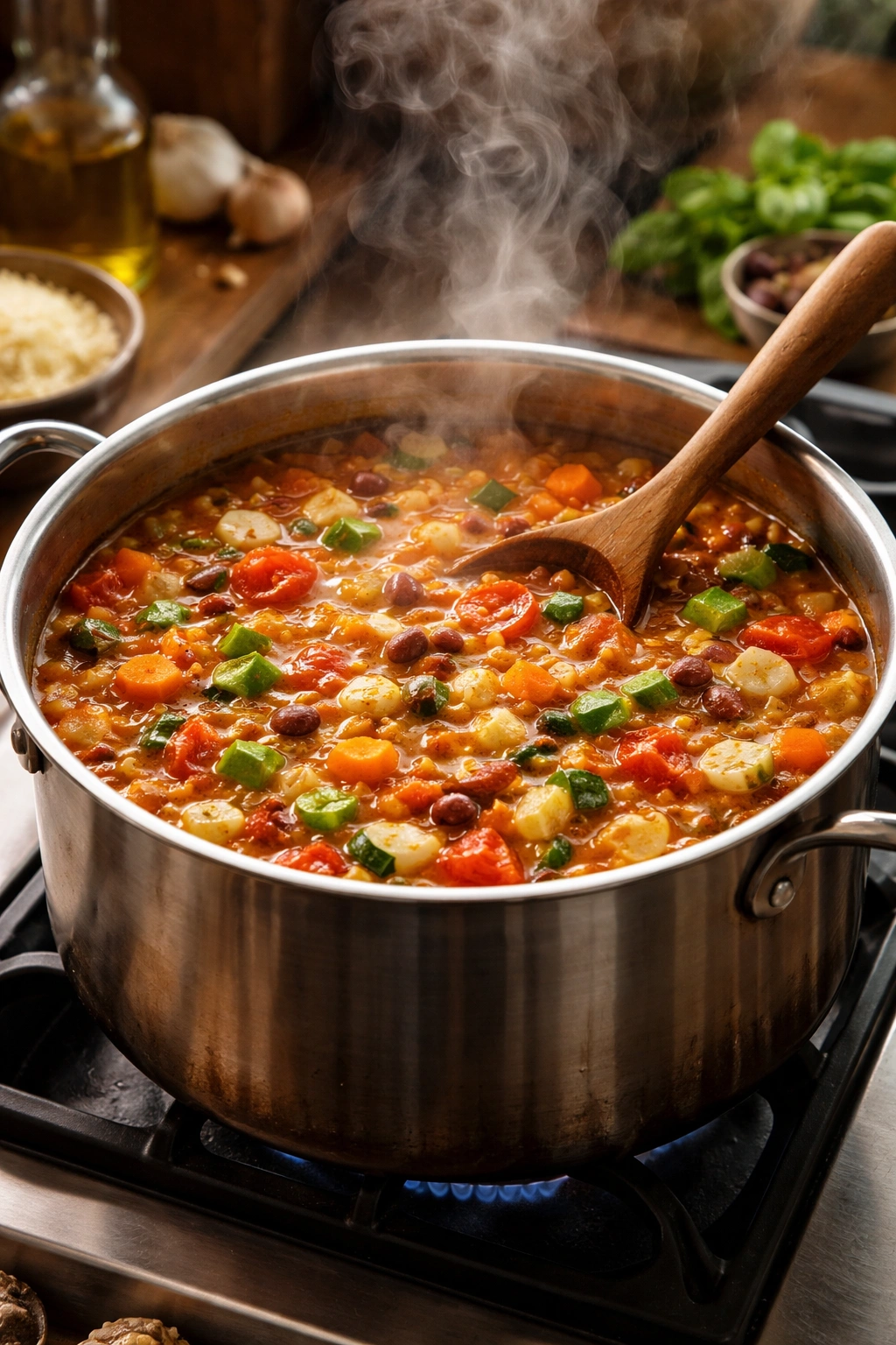 Pot of stovetop minestrone simmering on a stove