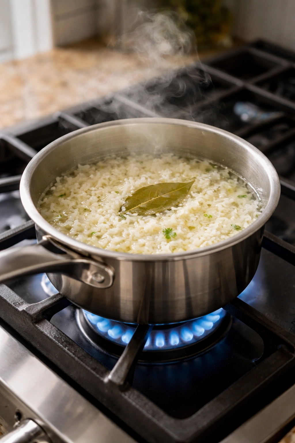 Rice simmering in a saucepan on the stovetop