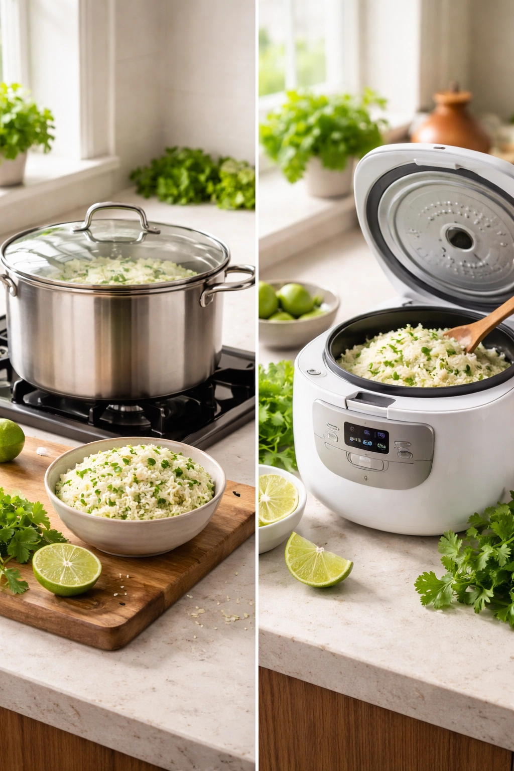 Stovetop pot and rice cooker on kitchen counter