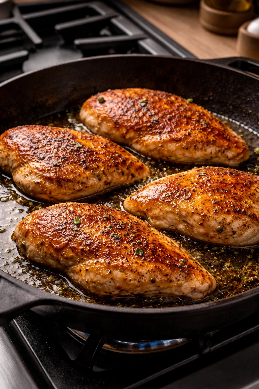 Golden-brown crusted chicken in a cast-iron skillet