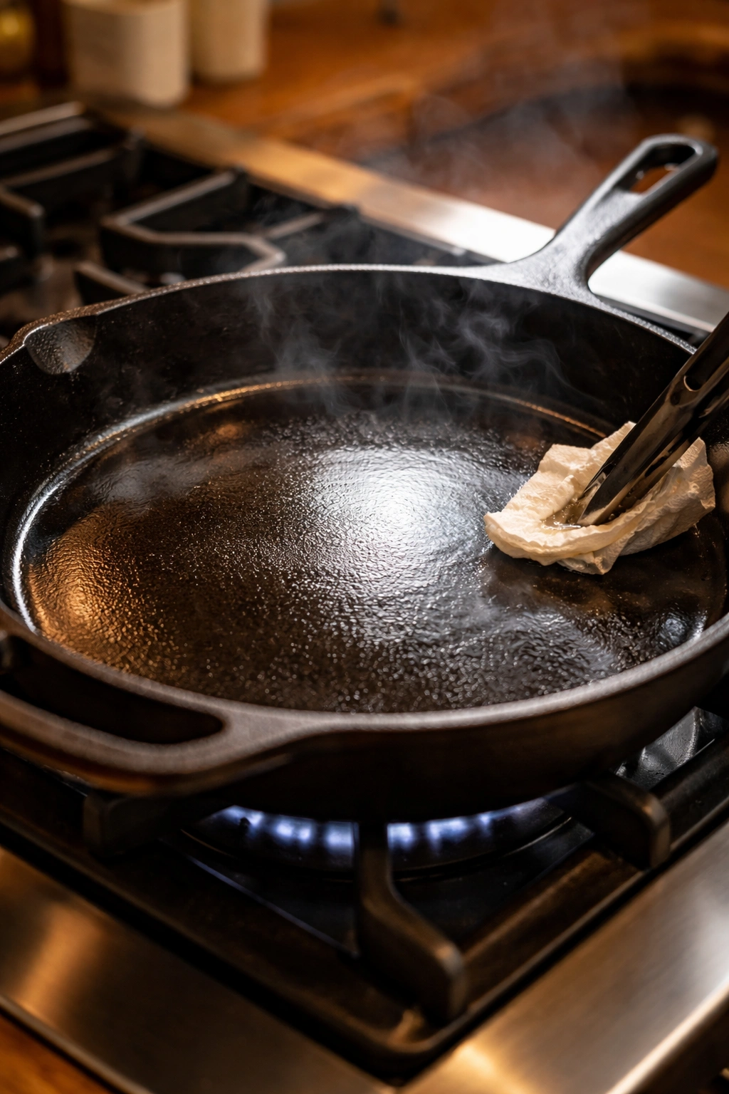 Cast iron skillet on stovetop with a thin oil haze on its surface