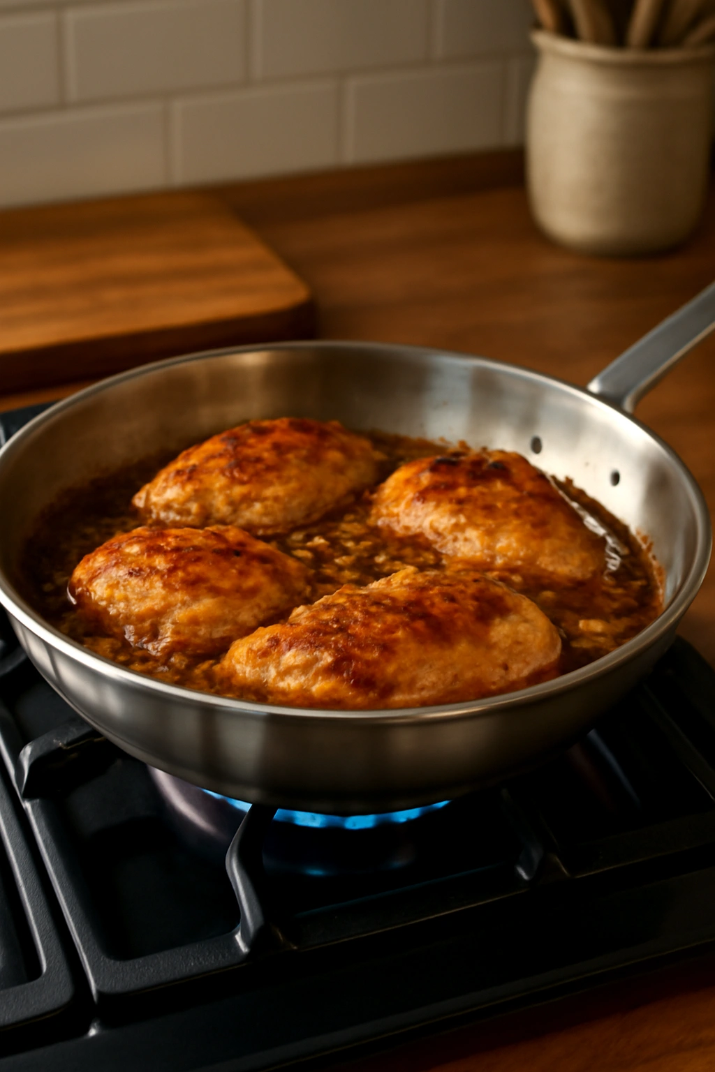 Skillet on stove with seared protein and bubbling sauce