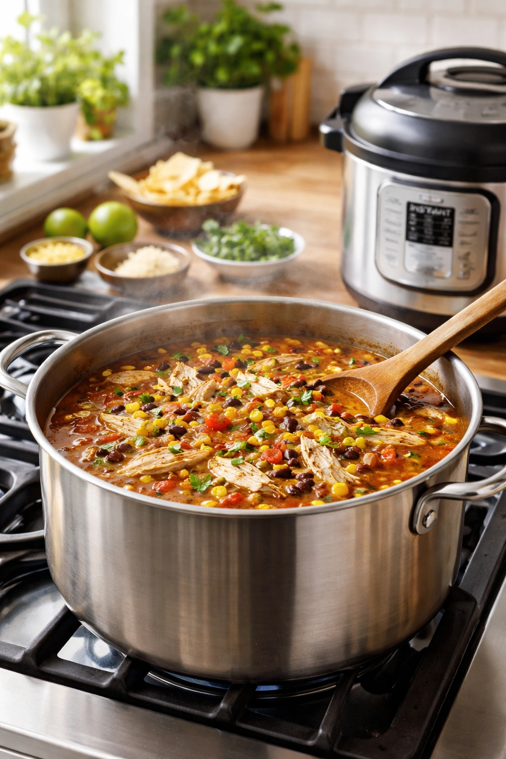 Pot on stove simmering crock pot chicken tortilla soup