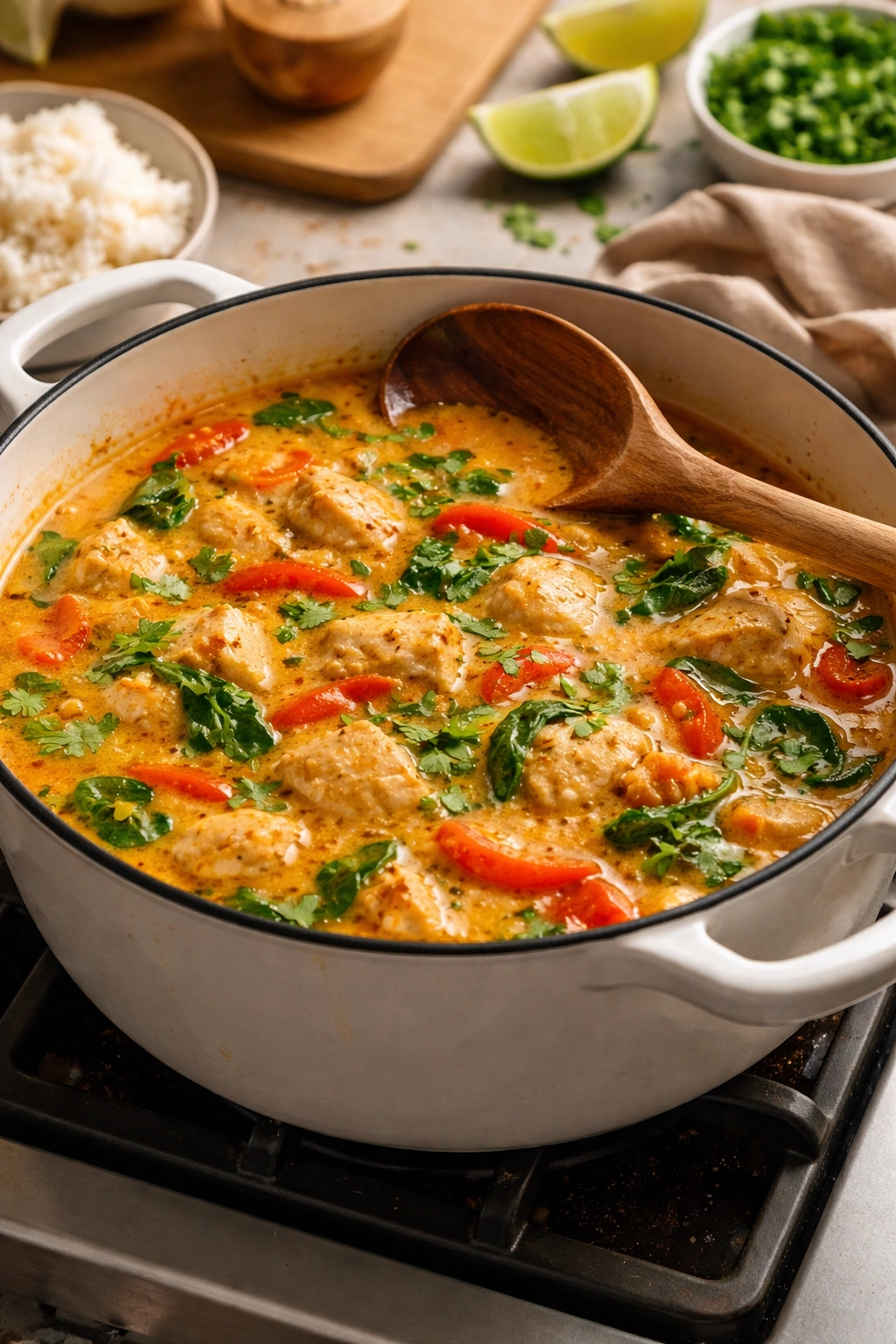 Chicken simmering in Thai curry on the stovetop