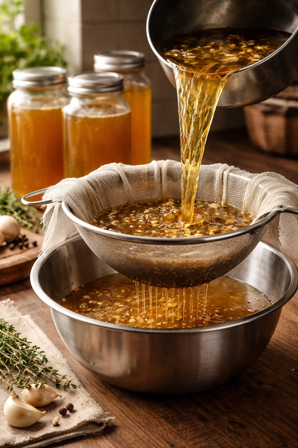 Fine-mesh strainer with cheesecloth over a bowl, broth streaming into jars