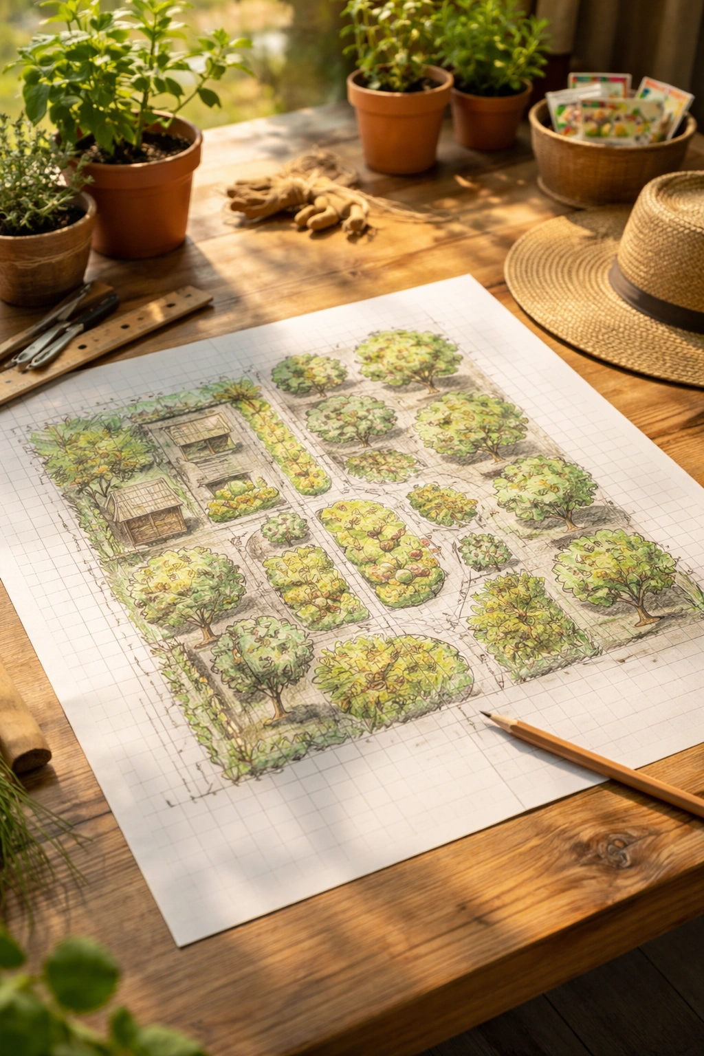 Top-down view of a pencil-drawn garden layout on graph paper with a ruler, illustrating strategic planning for a fruit garden