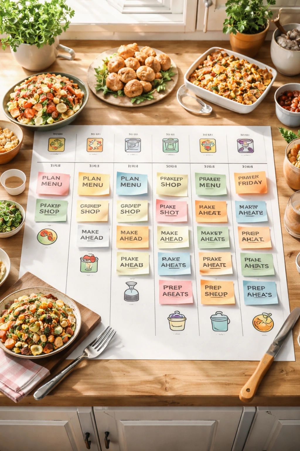 Strategic planning timeline with color blocks and icons in a bright kitchen