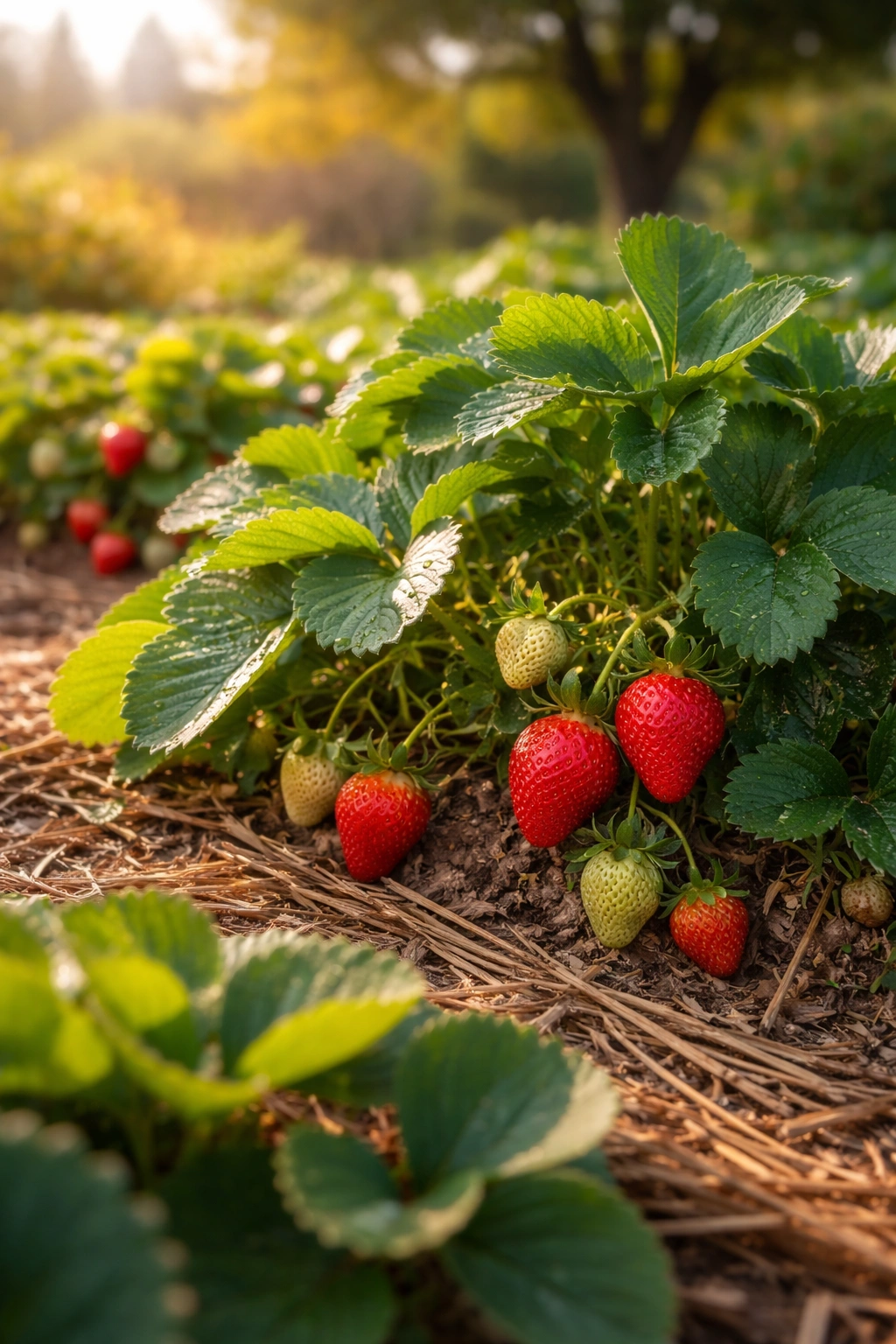 Strawberry plants with developing fruit in autumn garden bed