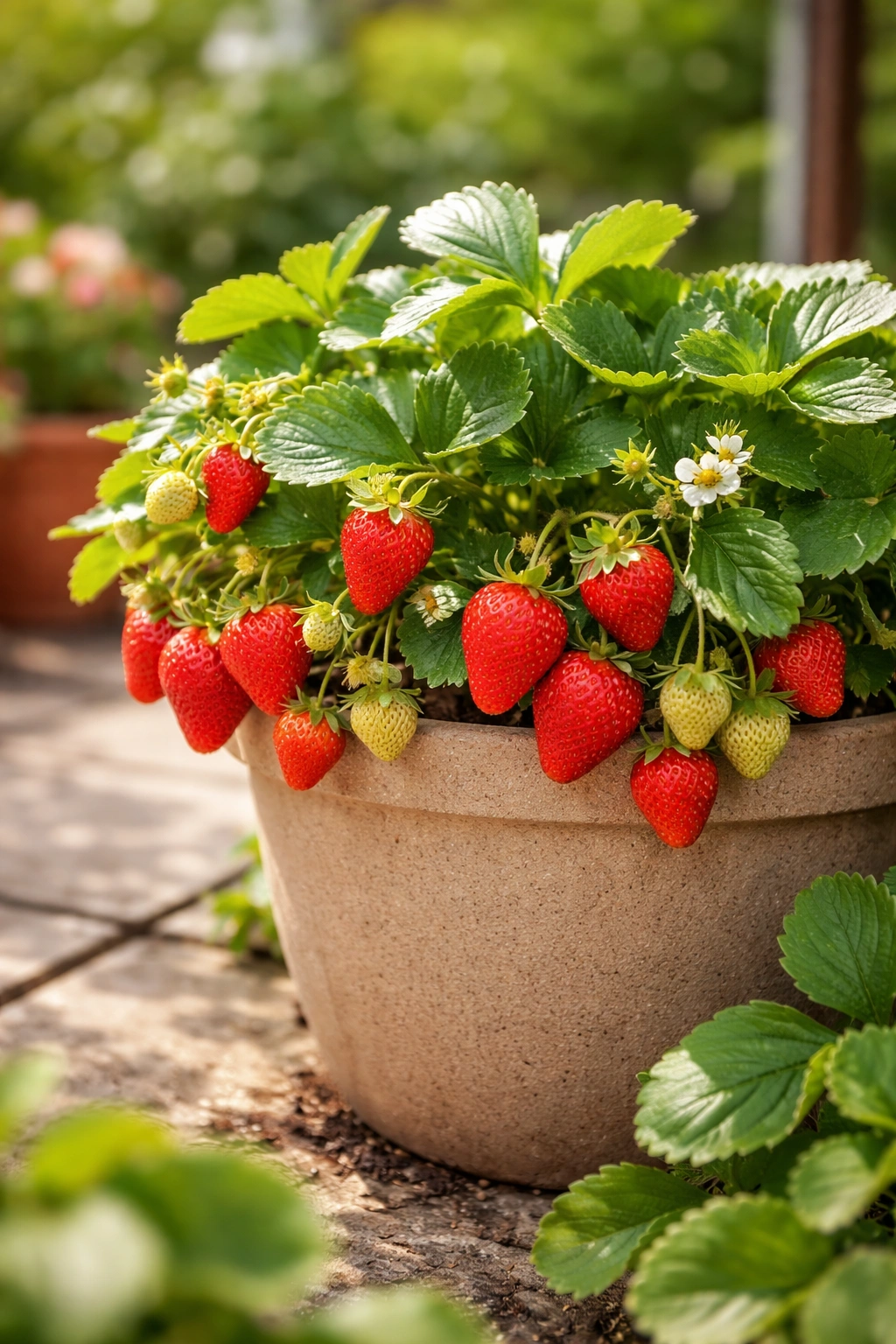 Strawberry plant in a container with ripe berries, ideal for container gardening.