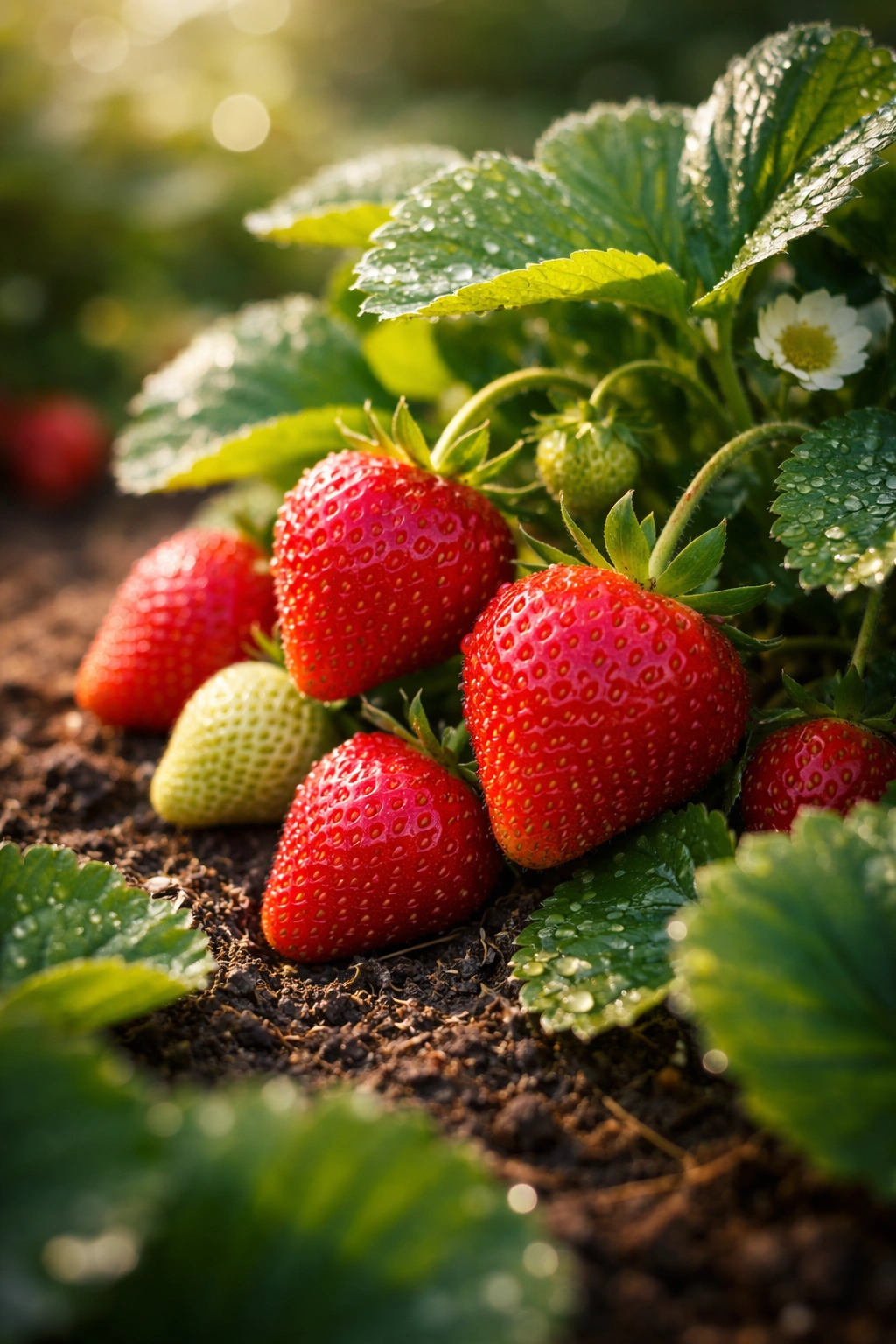 Close-up of ripe strawberries in a garden bed