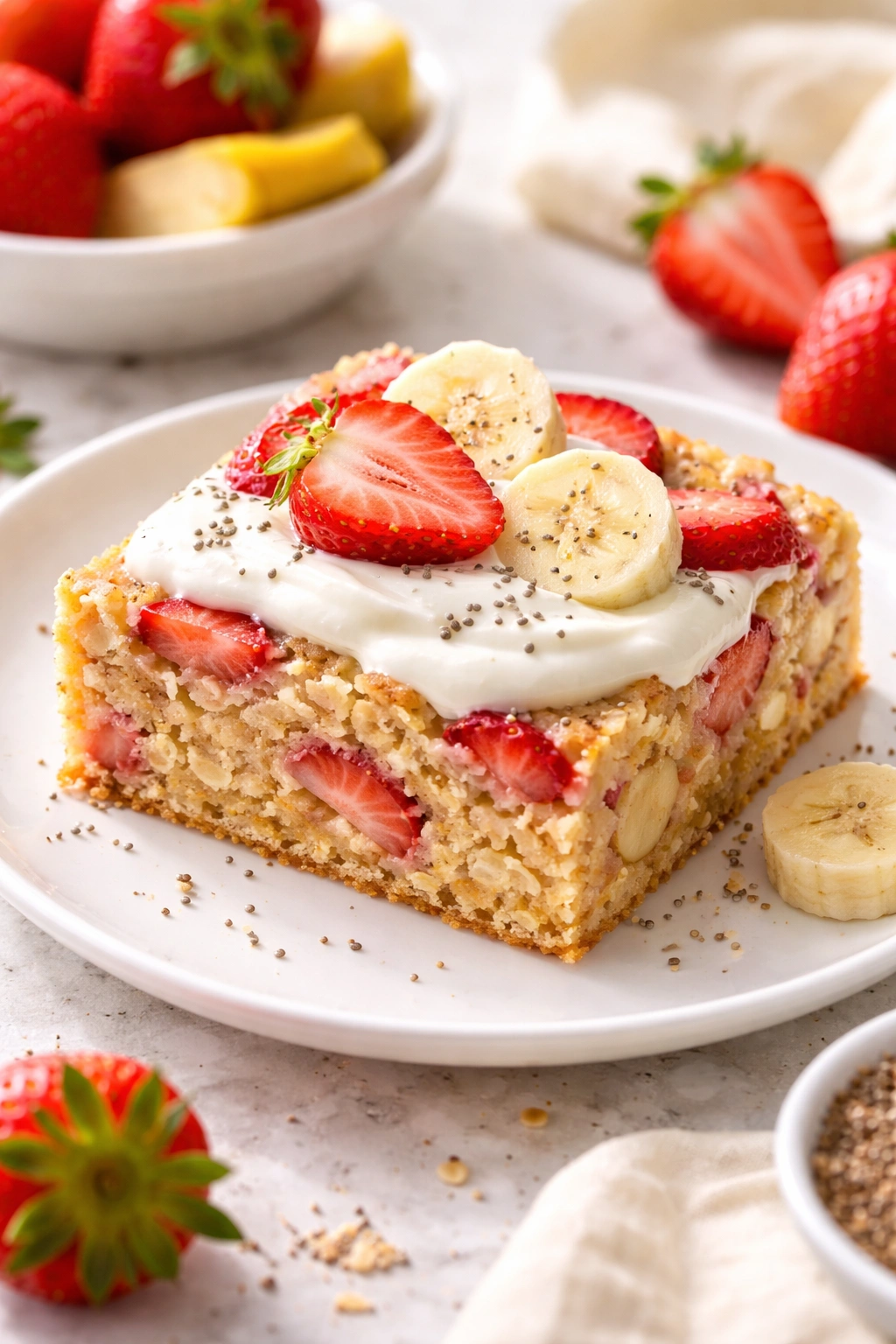 Strawberry banana baked oatmeal with yogurt topping on plate