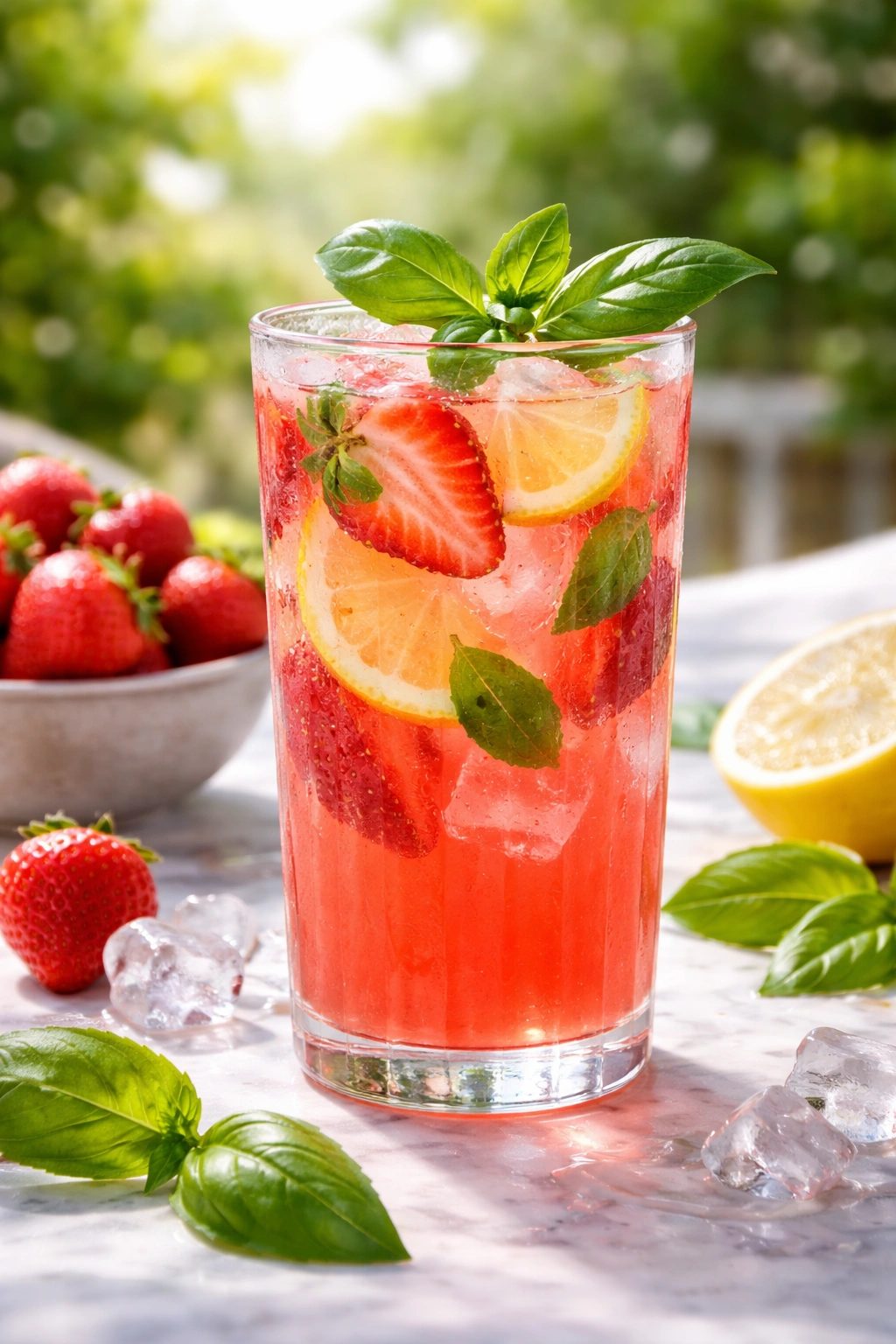 Glass of strawberry basil lemonade with strawberry slices and basil leaves, bright pink color