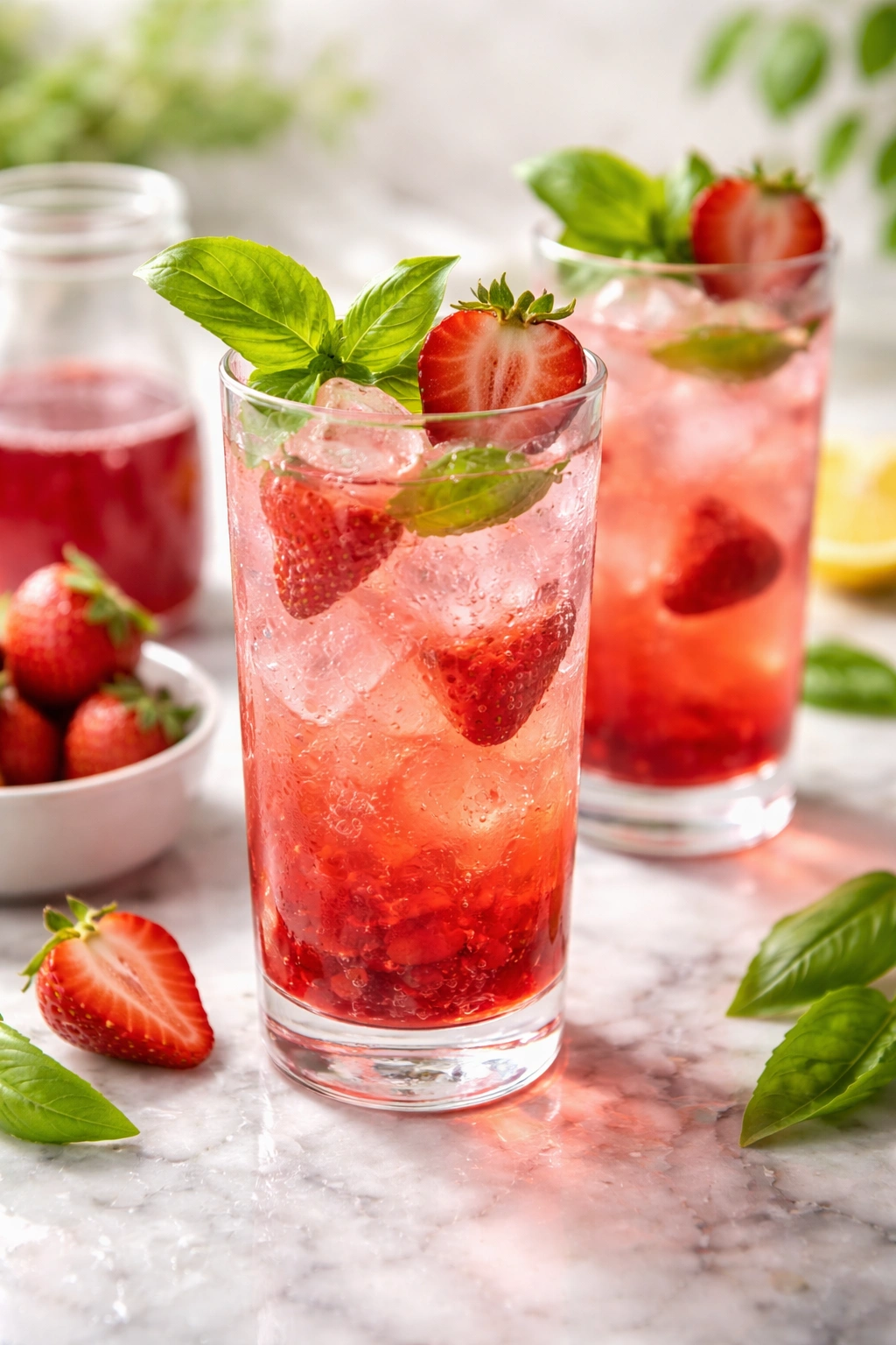 Strawberry basil spritzer with basil garnish and pink sparkling water