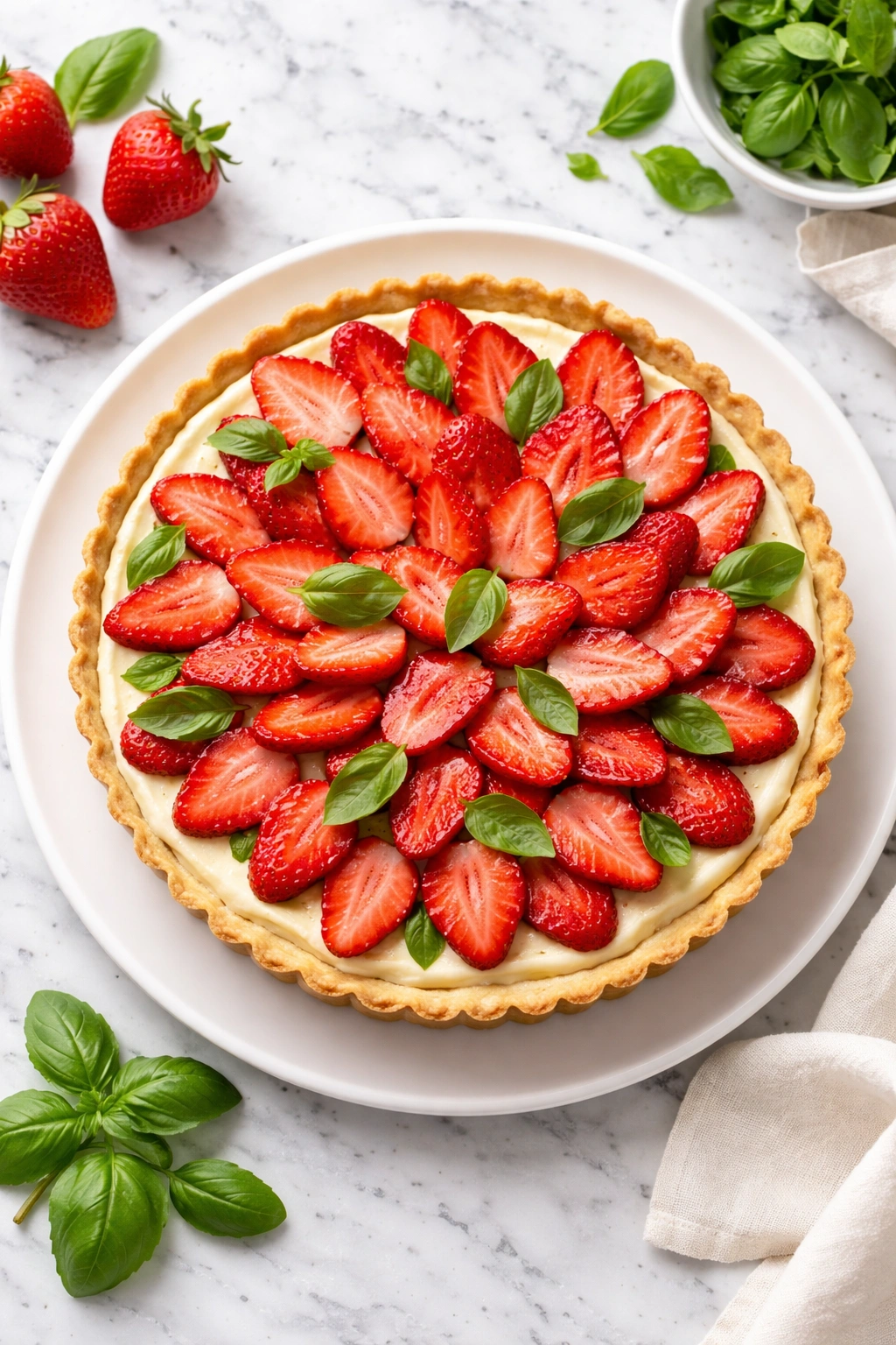 Strawberry basil tart with pastry cream and basil leaves
