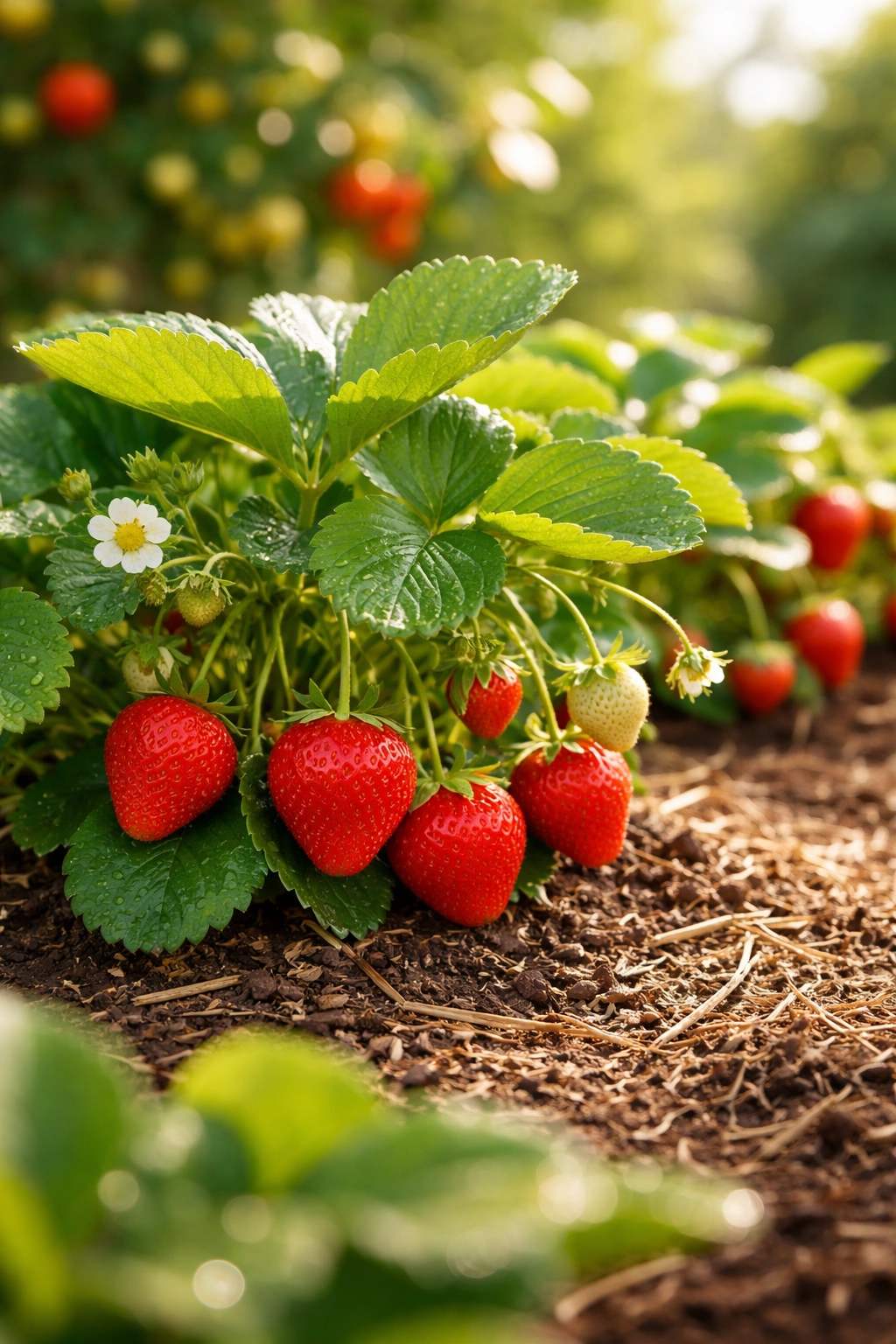 Strawberry plant with red ripe berries in sunny garden bed