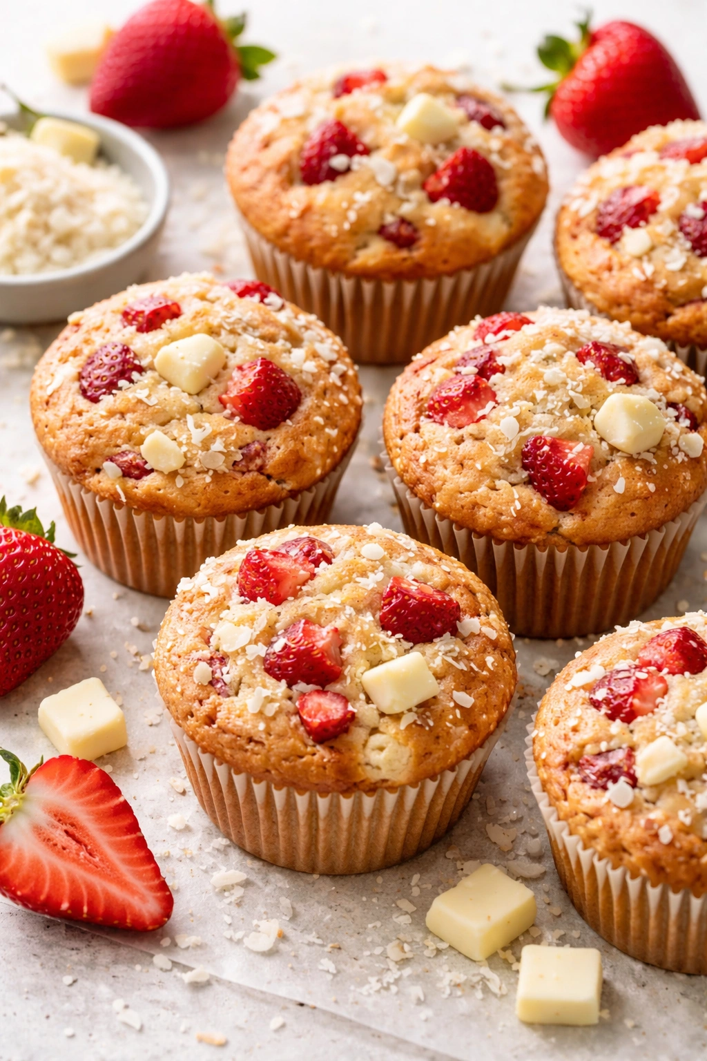 Strawberry coconut muffins with white chocolate chunks