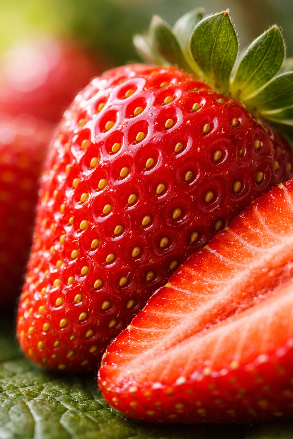 Close-up of a strawberry showing exterior seeds and red flesh