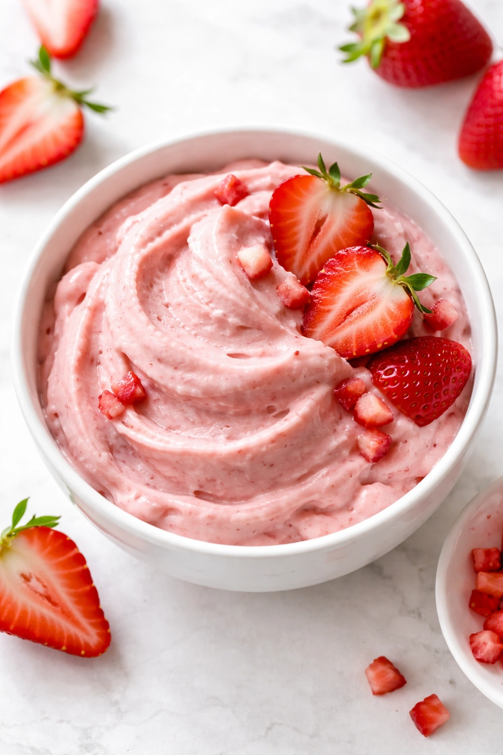 Strawberry nice cream in a bowl with fresh strawberries