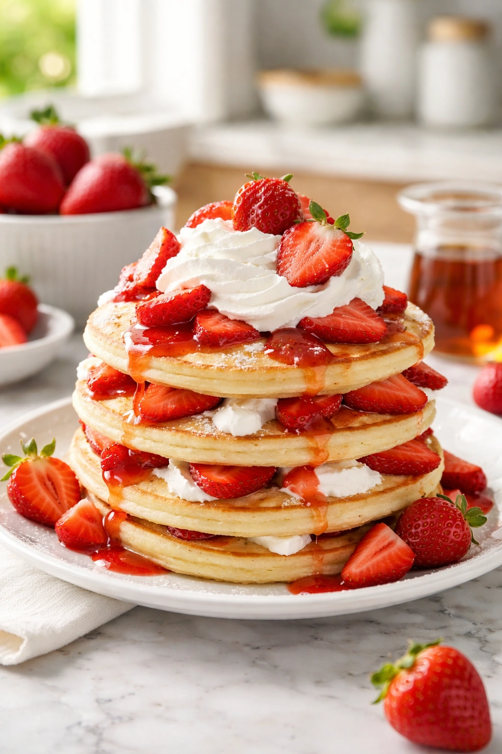 Stack of strawberry shortcake pancakes with fresh strawberries and whipped cream