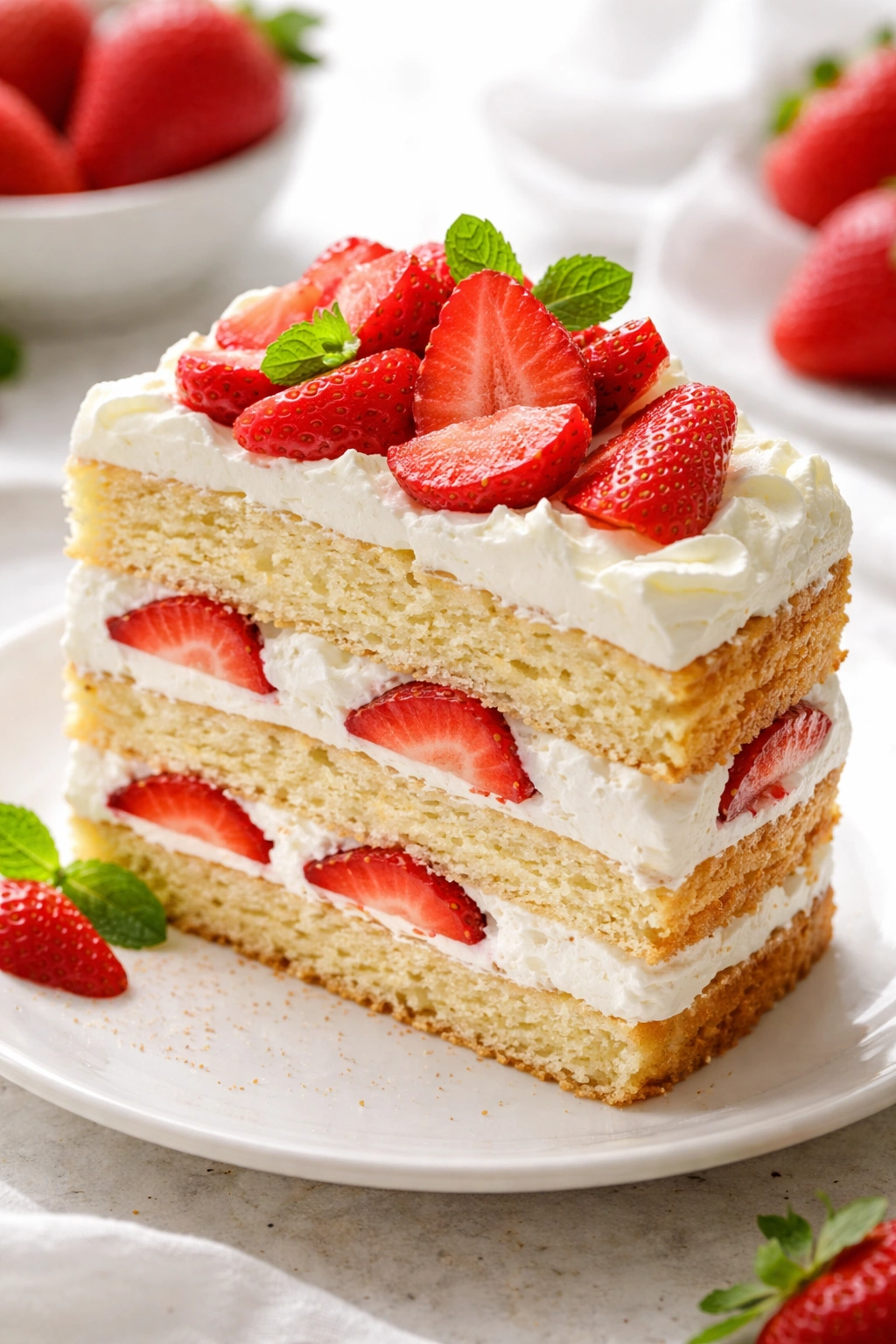 Strawberry shortcake slice with whipped cream and fresh strawberries.