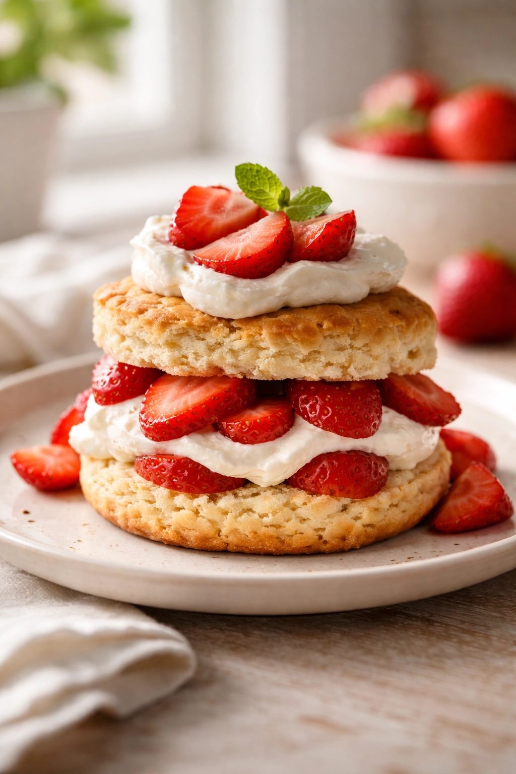 Strawberry shortcake with whipped cream and strawberries on plate