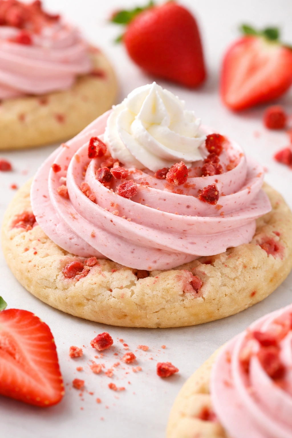 Vanilla cookie with strawberry pieces and pink buttercream