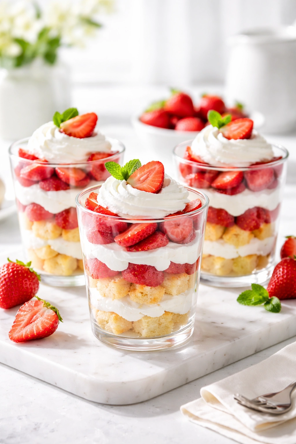 Strawberry shortcake cups showing layers of cake, cream, and berries in glass.
