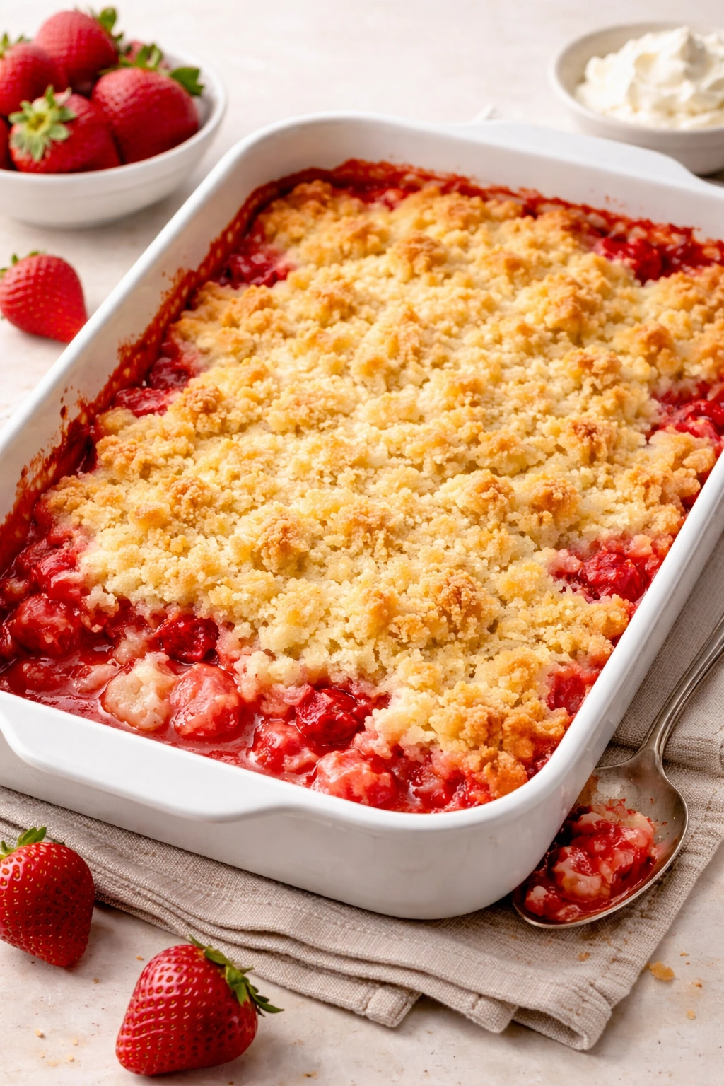 Close-up of Strawberry Shortcake Dump Cake with vanilla top and red strawberry filling at the sides