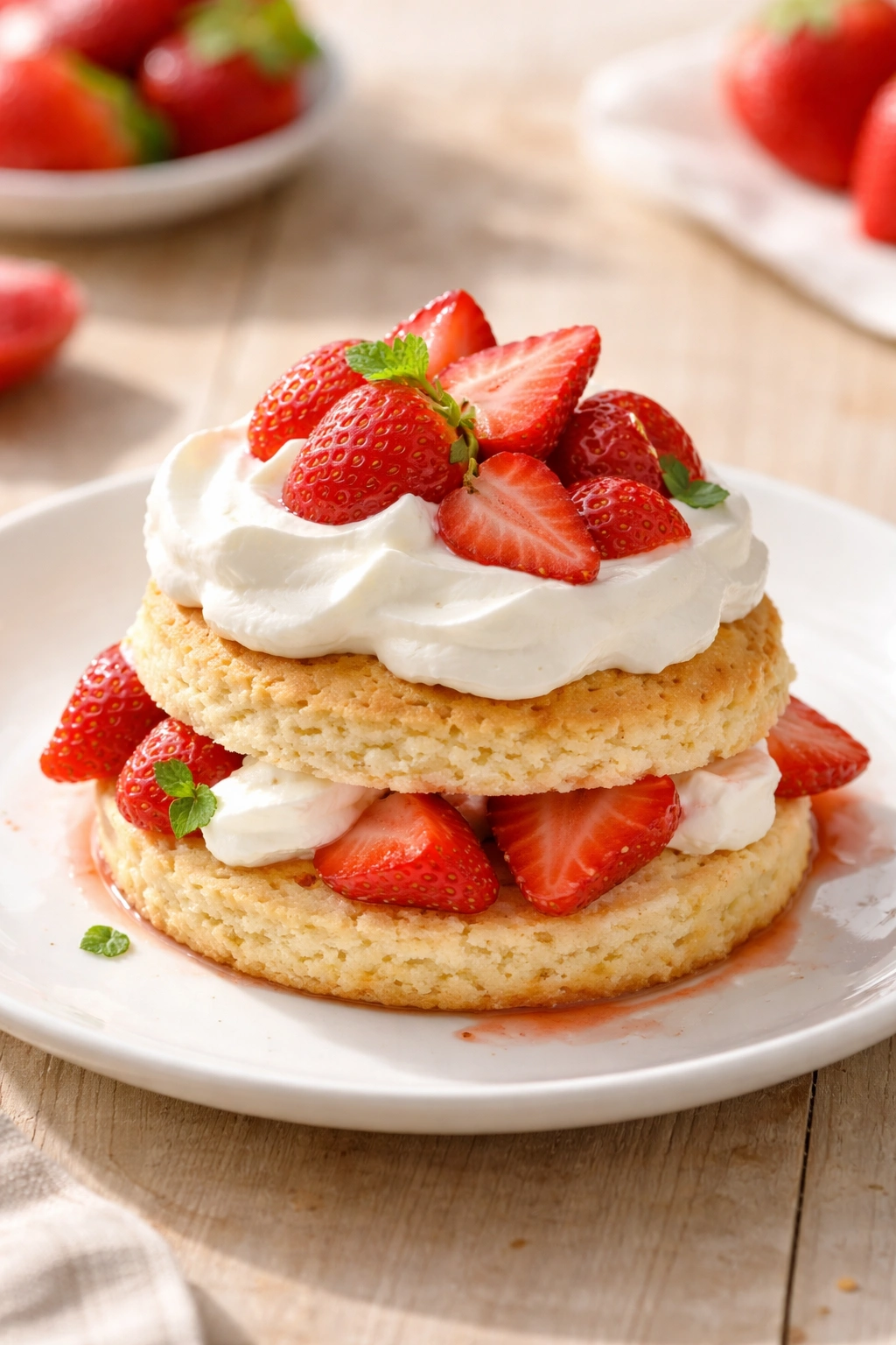 Strawberry shortcake slice with whipped cream on plate, fresh berries
