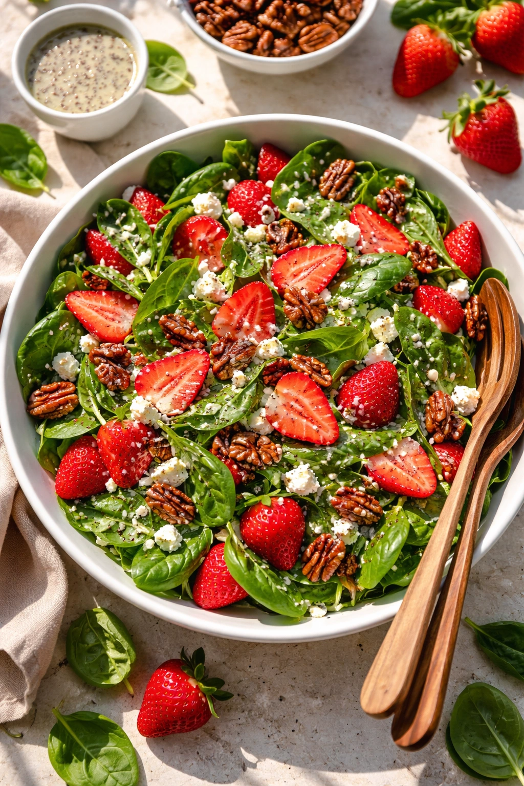 Strawberry spinach salad with strawberries, spinach, candied nuts and cheese