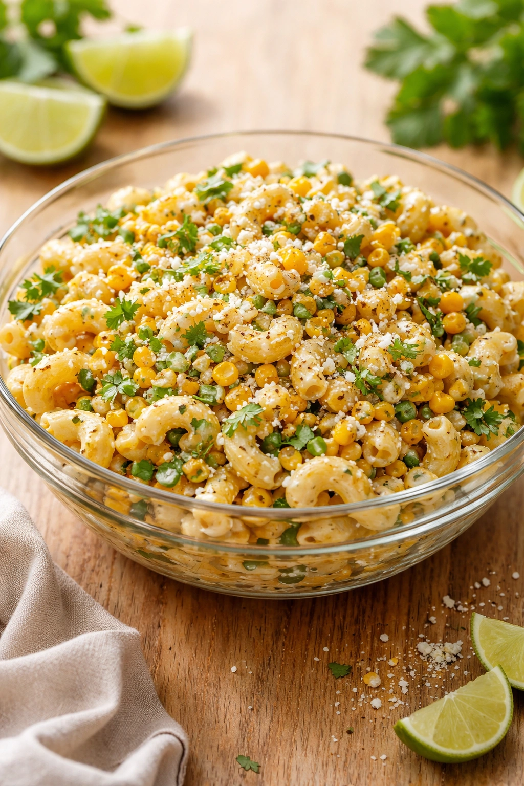 Bowl of pasta salad with corn, cilantro, and cotija cheese.