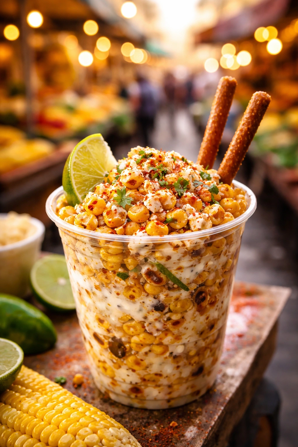 Close-up of elote cup with charred kernels and crema in a market setting