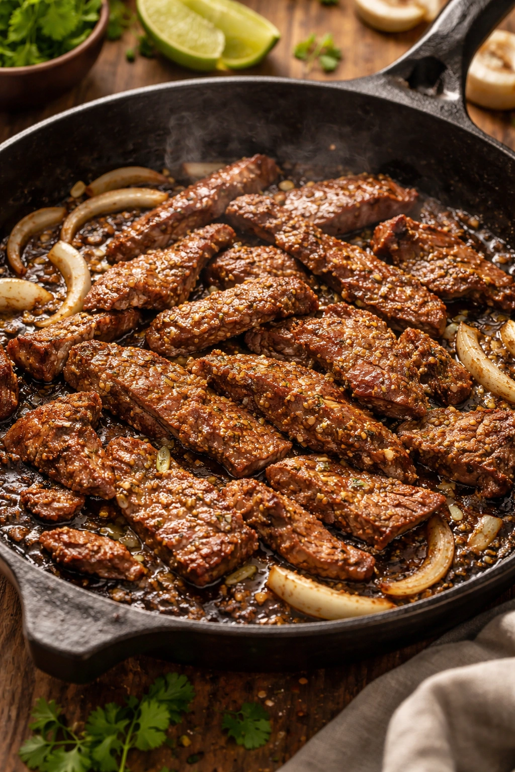 Beef slices cooking in a hot skillet with faint onion pieces nearby