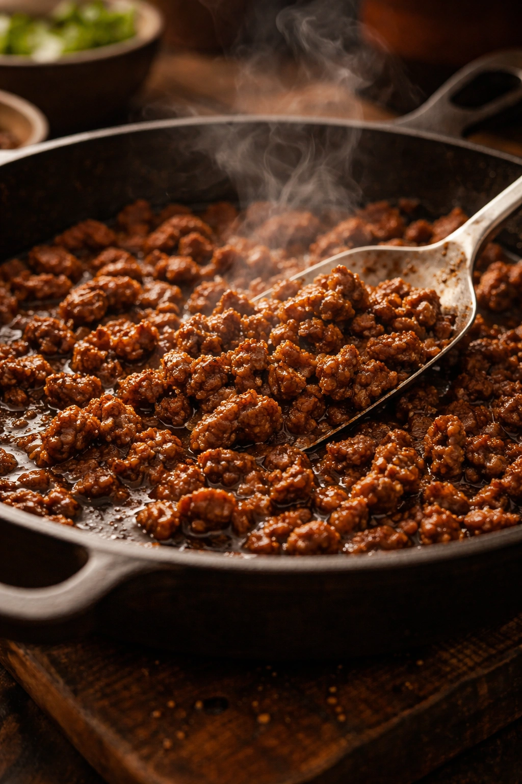 Close-up of richly browned street taco beef in a skillet