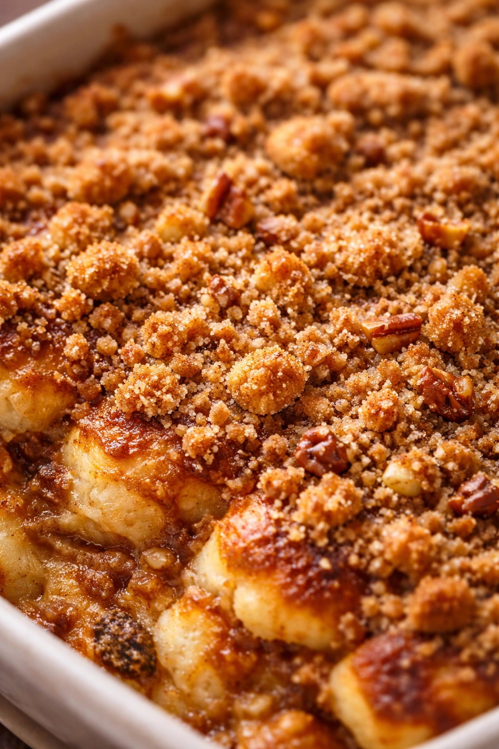 Close-up of golden streusel topping with butter pieces on casserole