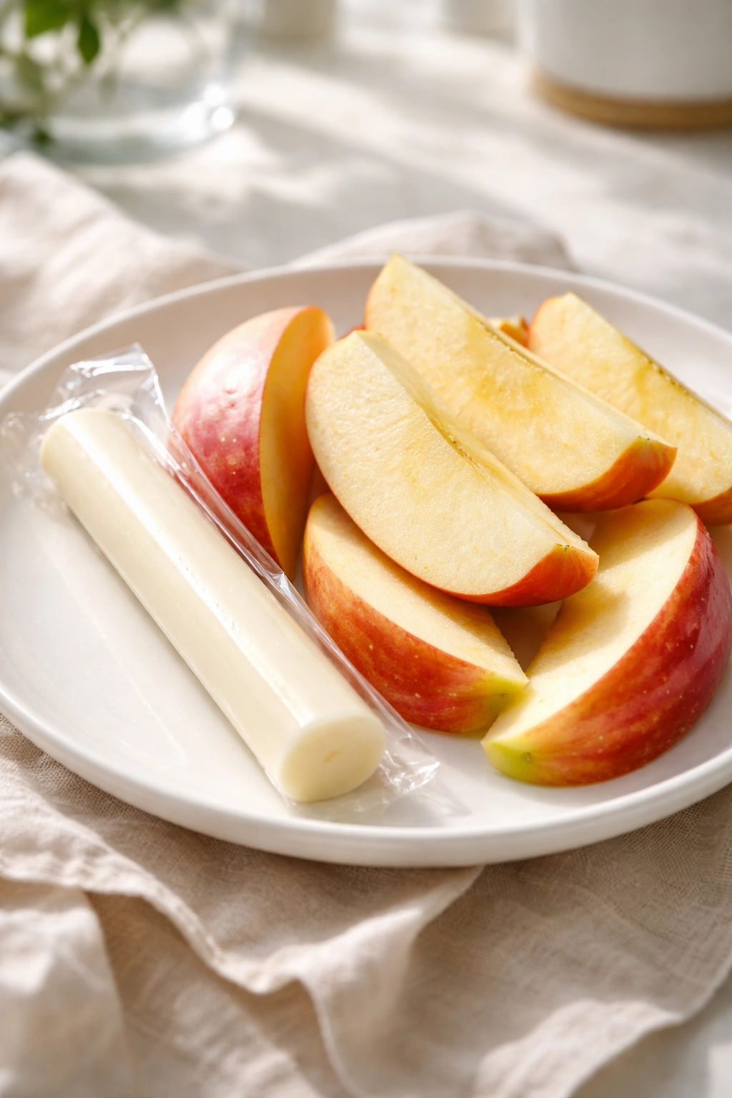 String cheese with apple slices on a plate
