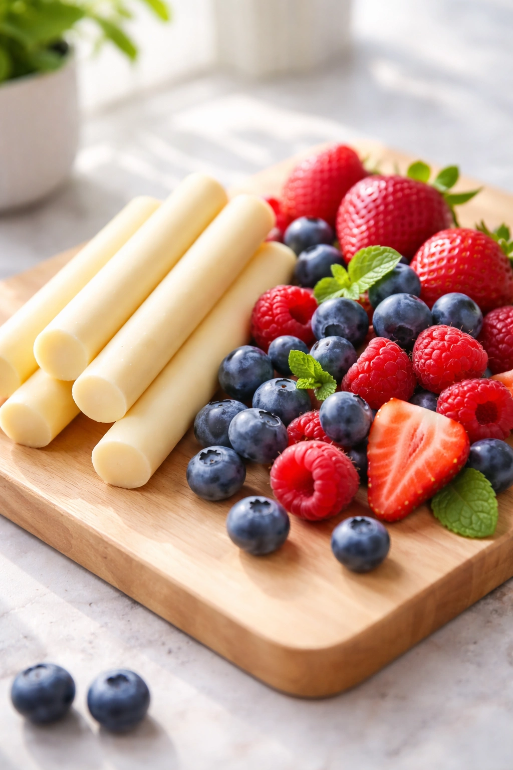 String cheese sticks with blueberries, raspberries, and strawberries on a light wooden board.