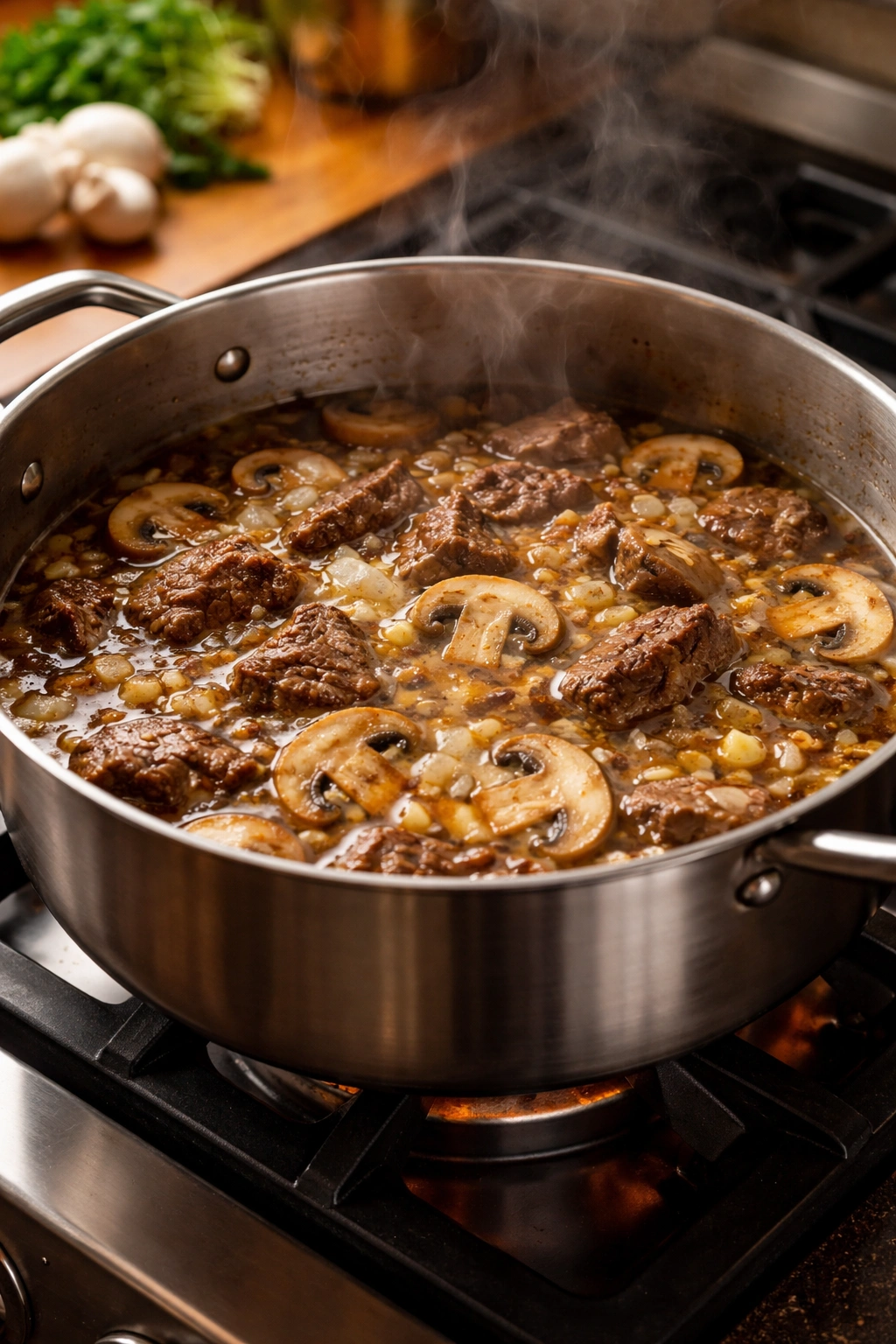 Pot with base ingredients simmering for Stroganoff