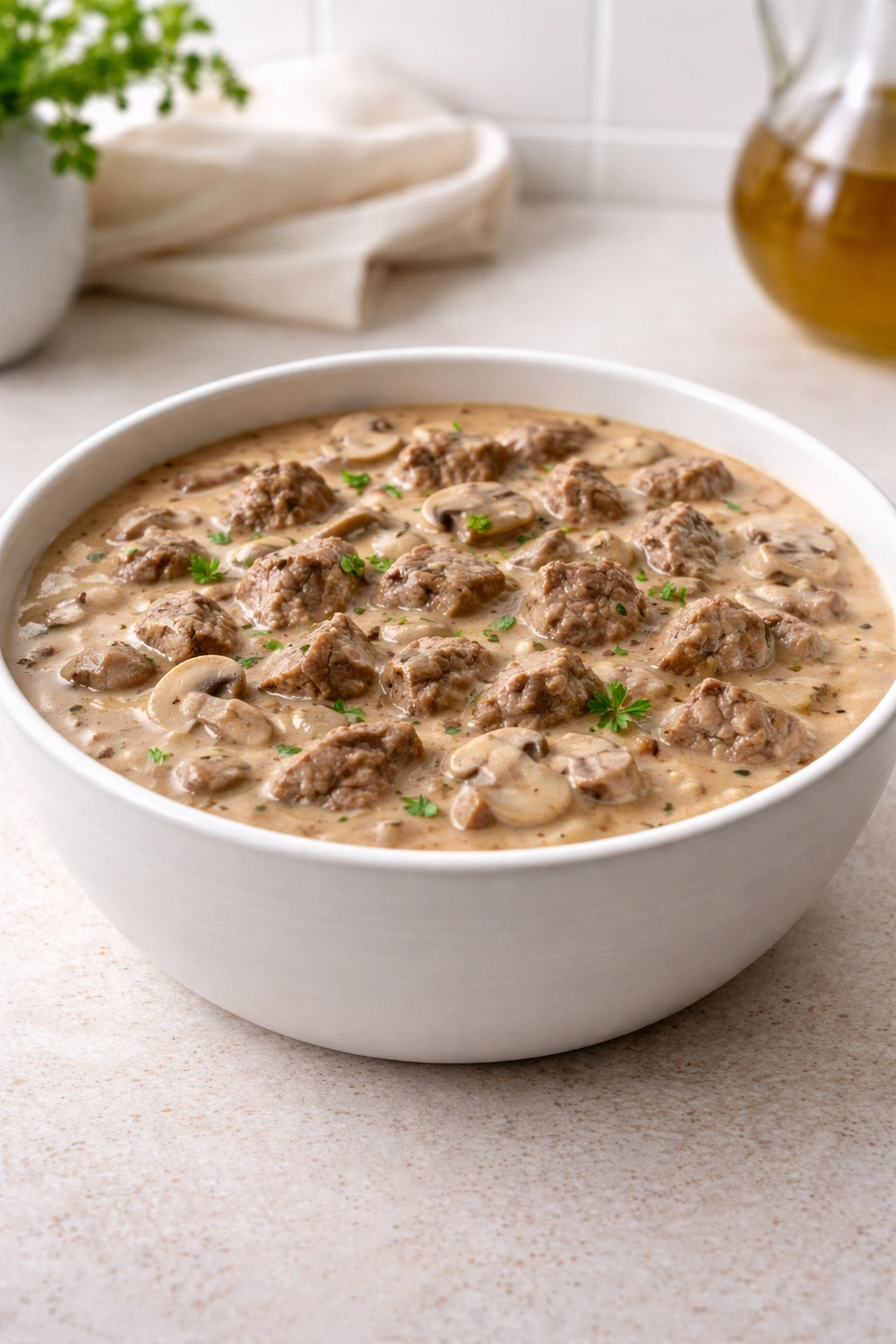 Bowl of stroganoff base on a clean kitchen counter